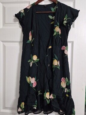 Black Fruits Short-Sleeve V-Neck Dress with Pink & Yellow Fruit Print